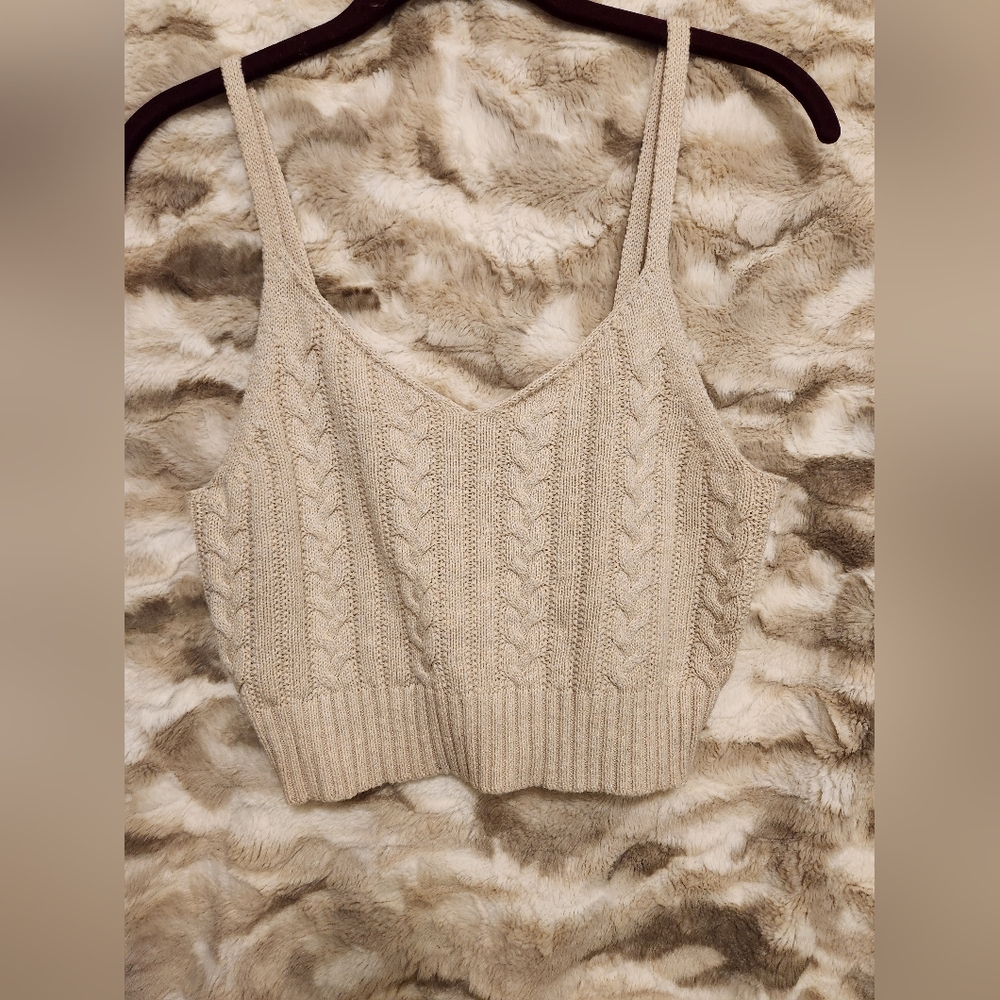 American Eagle Outfitters Cream Ribbed Crop Tank Top, Size S